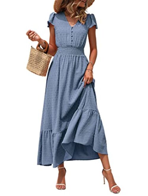 PRETTYGARDEN Womens Dresses 2023 Boho Dress Short Sleeve V Neck Swiss Dot Ruffle Tiered Maxi Dress Smocked Cocktail Dresses