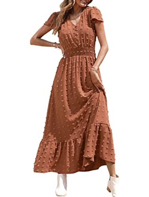 PRETTYGARDEN Womens Dresses 2023 Boho Dress Short Sleeve V Neck Swiss Dot Ruffle Tiered Maxi Dress Smocked Cocktail Dresses