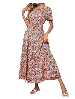 Women's Summer Casual Short Flutter Sleeve Round Neck Smocked Waist Tiered Boho Floral Flowy Maxi Dress