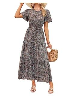 Women's Summer Casual Short Flutter Sleeve Round Neck Smocked Waist Tiered Boho Floral Flowy Maxi Dress