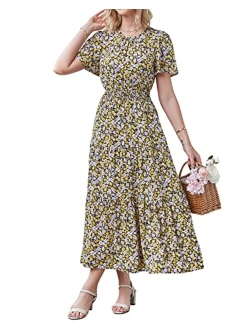 Women's Summer Casual Short Flutter Sleeve Round Neck Smocked Waist Tiered Boho Floral Flowy Maxi Dress