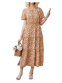 Women's Summer Casual Short Flutter Sleeve Round Neck Smocked Waist Tiered Boho Floral Flowy Maxi Dress