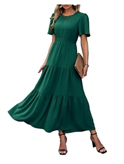 Women's Summer Casual Short Flutter Sleeve Round Neck Smocked Waist Tiered Boho Floral Flowy Maxi Dress