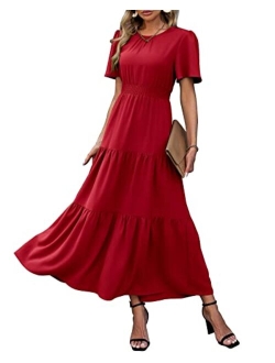 Women's Summer Casual Short Flutter Sleeve Round Neck Smocked Waist Tiered Boho Floral Flowy Maxi Dress