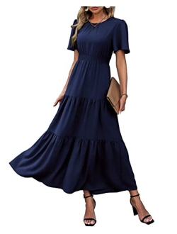 Women's Summer Casual Short Flutter Sleeve Round Neck Smocked Waist Tiered Boho Floral Flowy Maxi Dress