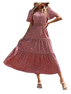 Women's Summer Casual Short Flutter Sleeve Round Neck Smocked Waist Tiered Boho Floral Flowy Maxi Dress