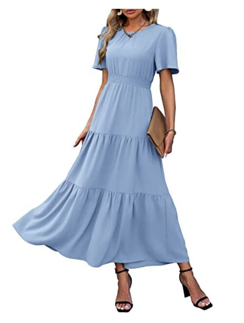 PRETTYGARDEN Women's Summer Casual Short Flutter Sleeve Round Neck Smocked Waist Tiered Boho Floral Flowy Maxi Dress