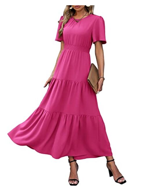 PRETTYGARDEN Women's Summer Casual Short Flutter Sleeve Round Neck Smocked Waist Tiered Boho Floral Flowy Maxi Dress