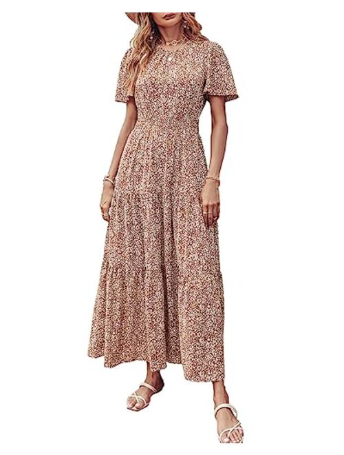 PRETTYGARDEN Women's Summer Casual Short Flutter Sleeve Round Neck Smocked Waist Tiered Boho Floral Flowy Maxi Dress