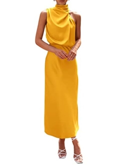 Women's 2023 Summer Satin Dress Elegant Sleeveless Mock Neck Cocktail Party Maxi Dresses