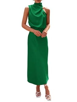 Women's 2023 Summer Satin Dress Elegant Sleeveless Mock Neck Cocktail Party Maxi Dresses