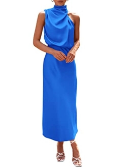 Women's 2023 Summer Satin Dress Elegant Sleeveless Mock Neck Cocktail Party Maxi Dresses