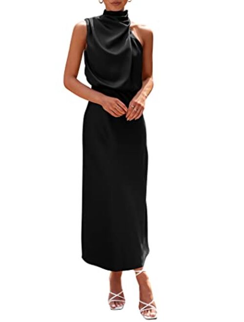 PRETTYGARDEN Women's 2023 Summer Satin Dress Elegant Sleeveless Mock Neck Cocktail Party Maxi Dresses