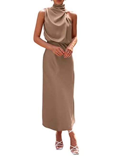 PRETTYGARDEN Women's 2023 Summer Satin Dress Elegant Sleeveless Mock Neck Cocktail Party Maxi Dresses