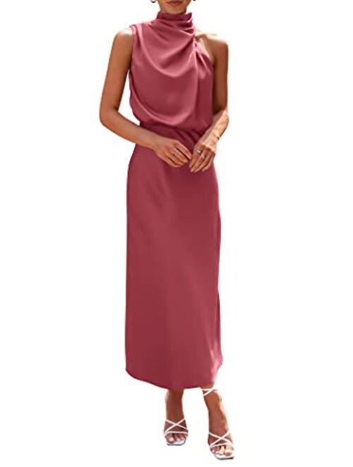 PRETTYGARDEN Women's 2023 Summer Satin Dress Elegant Sleeveless Mock Neck Cocktail Party Maxi Dresses