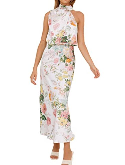 PRETTYGARDEN Women's 2023 Summer Satin Dress Elegant Sleeveless Mock Neck Cocktail Party Maxi Dresses