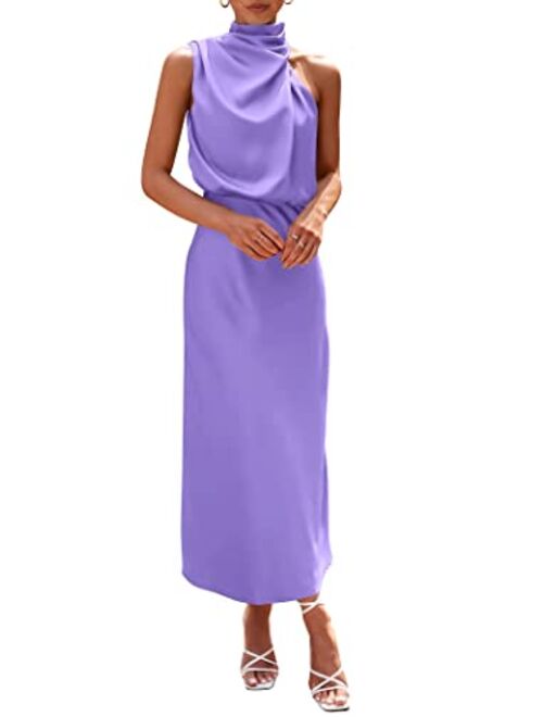 PRETTYGARDEN Women's 2023 Summer Satin Dress Elegant Sleeveless Mock Neck Cocktail Party Maxi Dresses