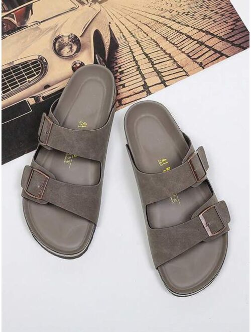 Men Buckle Decor Slides Brown Outdoor Slides