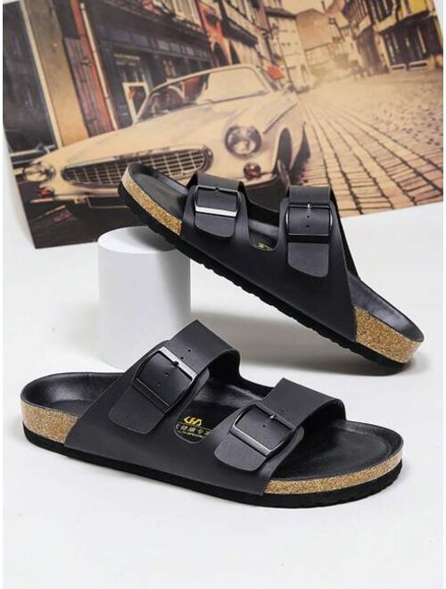 Men Buckle Decor Slides Brown Outdoor Slides