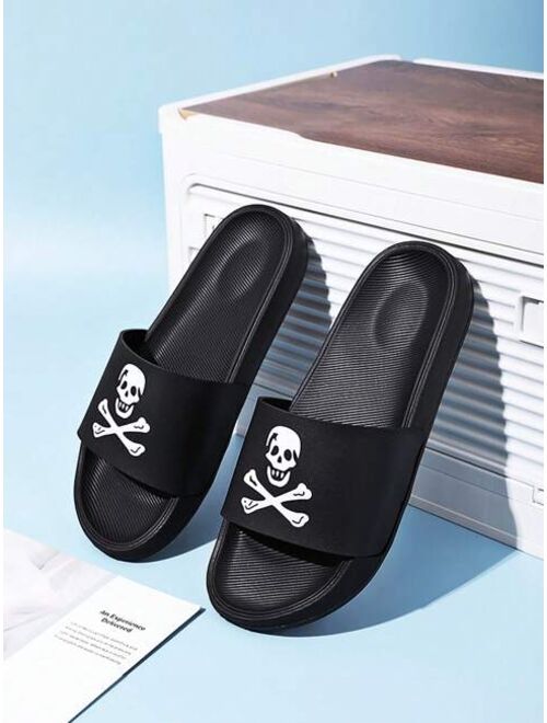 Men Skull Graphic Single Band Slides Outdoor Black PVC Slides