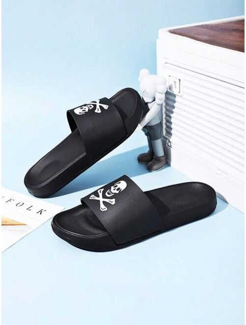 Men Skull Graphic Single Band Slides Outdoor Black PVC Slides