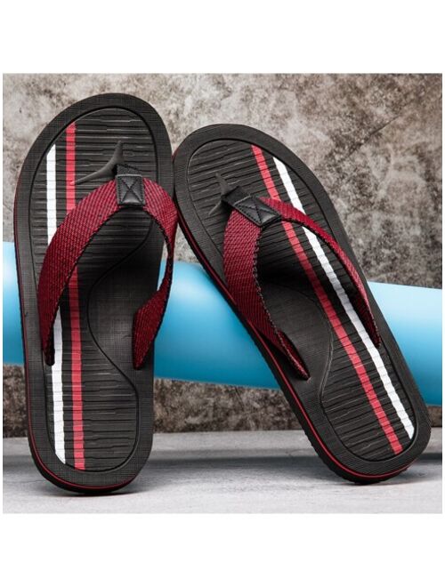 Men Striped Pattern Toe Post Slippers Vacation Fabric Flip Flops For Indoor Outdoor