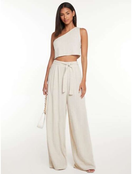 SHEIN Tall One Shoulder Crop Top & Tie Front Wide Leg Pants