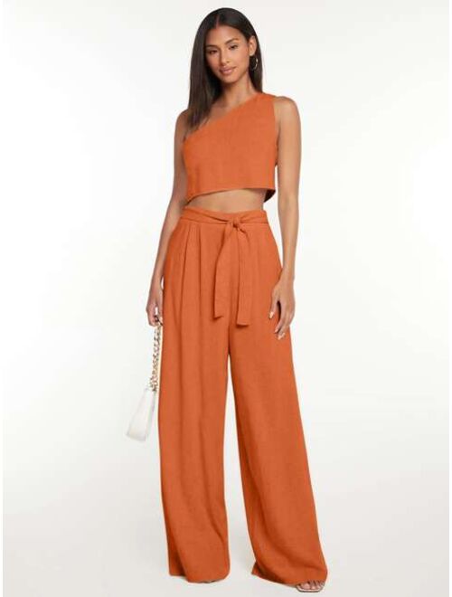 SHEIN Tall One Shoulder Crop Top & Tie Front Wide Leg Pants