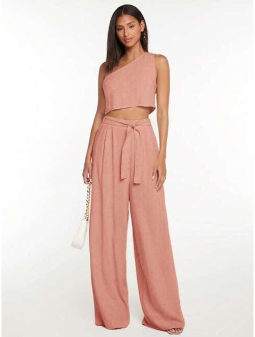 SHEIN Tall One Shoulder Crop Top & Tie Front Wide Leg Pants