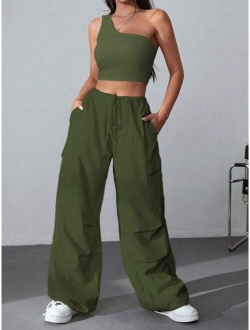 EZwear One Shoulder Crop Top & Flap Pocket Side Drawstring Waist Cargo Pants