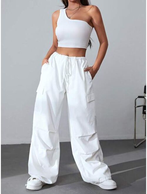 SHEIN EZwear One Shoulder Crop Top & Flap Pocket Side Drawstring Waist Cargo Pants