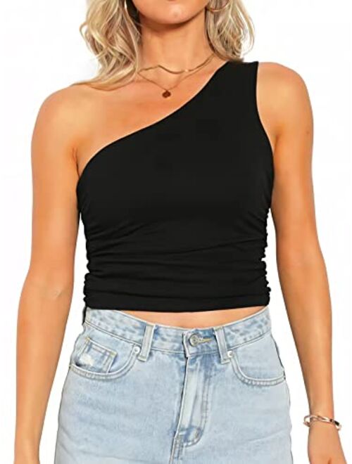 CYVESOULA Women One Shoulder Sleeveless Ruched Crop Tops Summer Cute Cropped Cami Tank Top