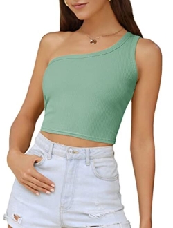 Women's Sexy One Shoulder Sleeveless Ribbed Crop Top