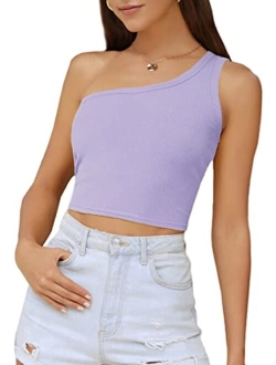 Women's Sexy One Shoulder Sleeveless Ribbed Crop Top