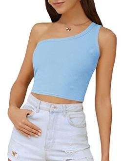 Women's Sexy One Shoulder Sleeveless Ribbed Crop Top