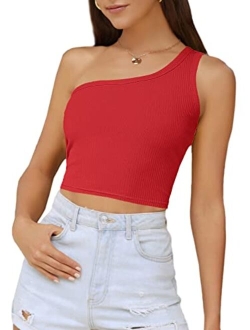 Women's Sexy One Shoulder Sleeveless Ribbed Crop Top