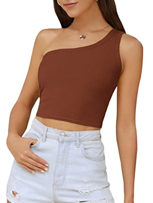 Verdusa Women's Sexy One Shoulder Sleeveless Ribbed Crop Top