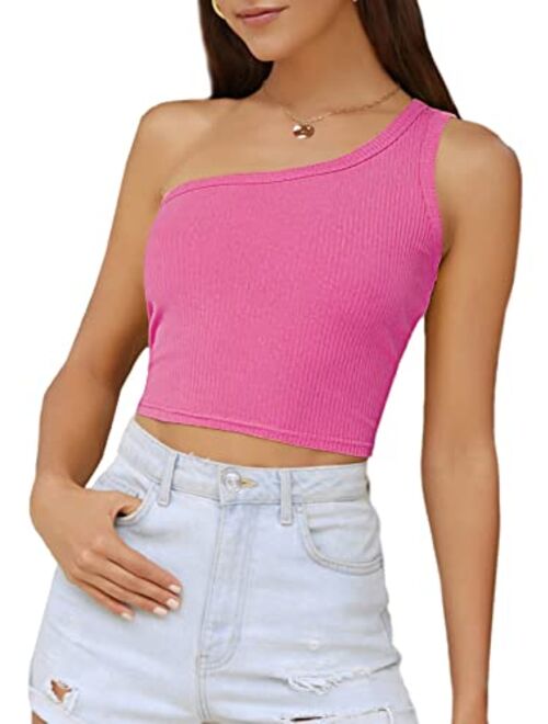 Verdusa Women's Sexy One Shoulder Sleeveless Ribbed Crop Top