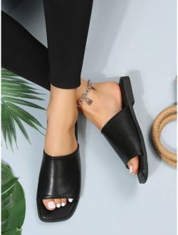 Elegant Black Slide Sandals Women Single Band Flat Sandals