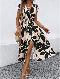 SHEIN VCAY Allover Print Belted Wrap Dress