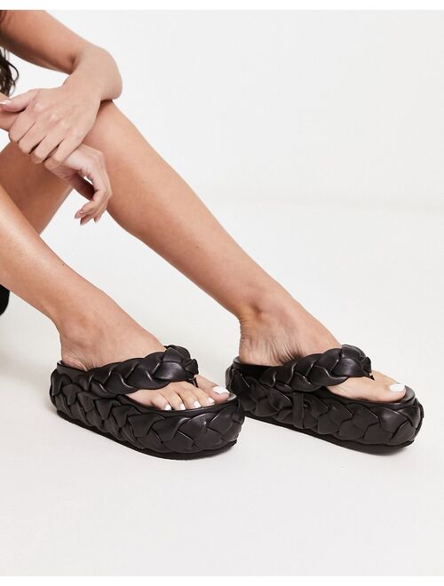 ASOS DESIGN Freddie leather braided toe thong flat sandals in black