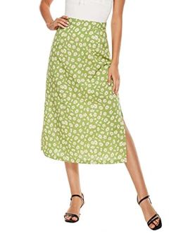 LYANER Women's Casual Print Side Split High Waist Zipper Midi Skirt