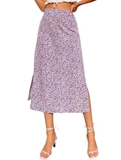 LYANER Women's Casual Print Side Split High Waist Zipper Midi Skirt