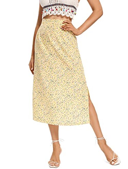 LYANER Women's Casual Print Side Split High Waist Zipper Midi Skirt