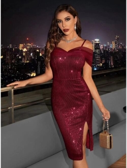 BAE Contrast Mesh Cold Shoulder Split Hem Sequin Bodycon Dress