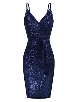 Women's Sexy Sequin Dress Wrap V-Neck Ruched Bodycon Spaghetti Straps Cocktail Party Night Club Dresses