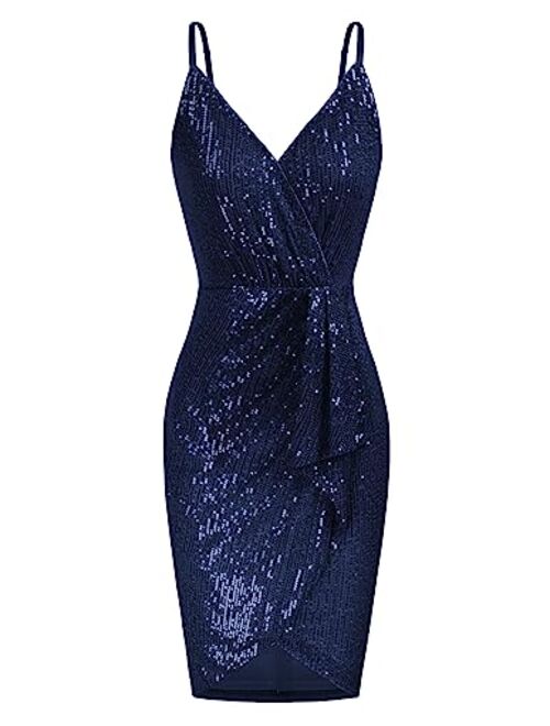 GRACE KARIN Women's Sexy Sequin Dress Wrap V-Neck Ruched Bodycon Spaghetti Straps Cocktail Party Night Club Dresses