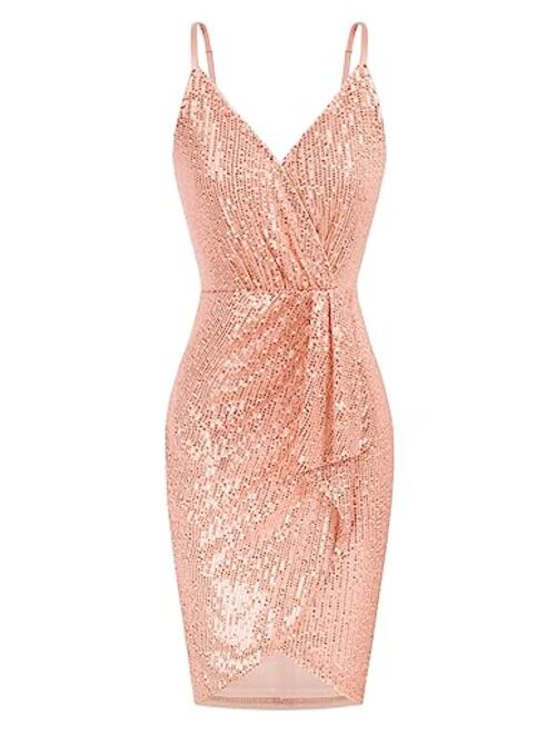 GRACE KARIN Women's Sexy Sequin Dress Wrap V-Neck Ruched Bodycon Spaghetti Straps Cocktail Party Night Club Dresses