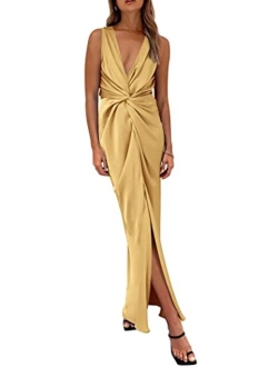 Women's Satin Ruched Bodycon Dress Summer 2023 Twist Front V Neck Sleeveless Split Maxi Dresses