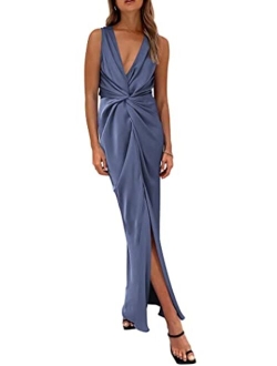 Women's Satin Ruched Bodycon Dress Summer 2023 Twist Front V Neck Sleeveless Split Maxi Dresses